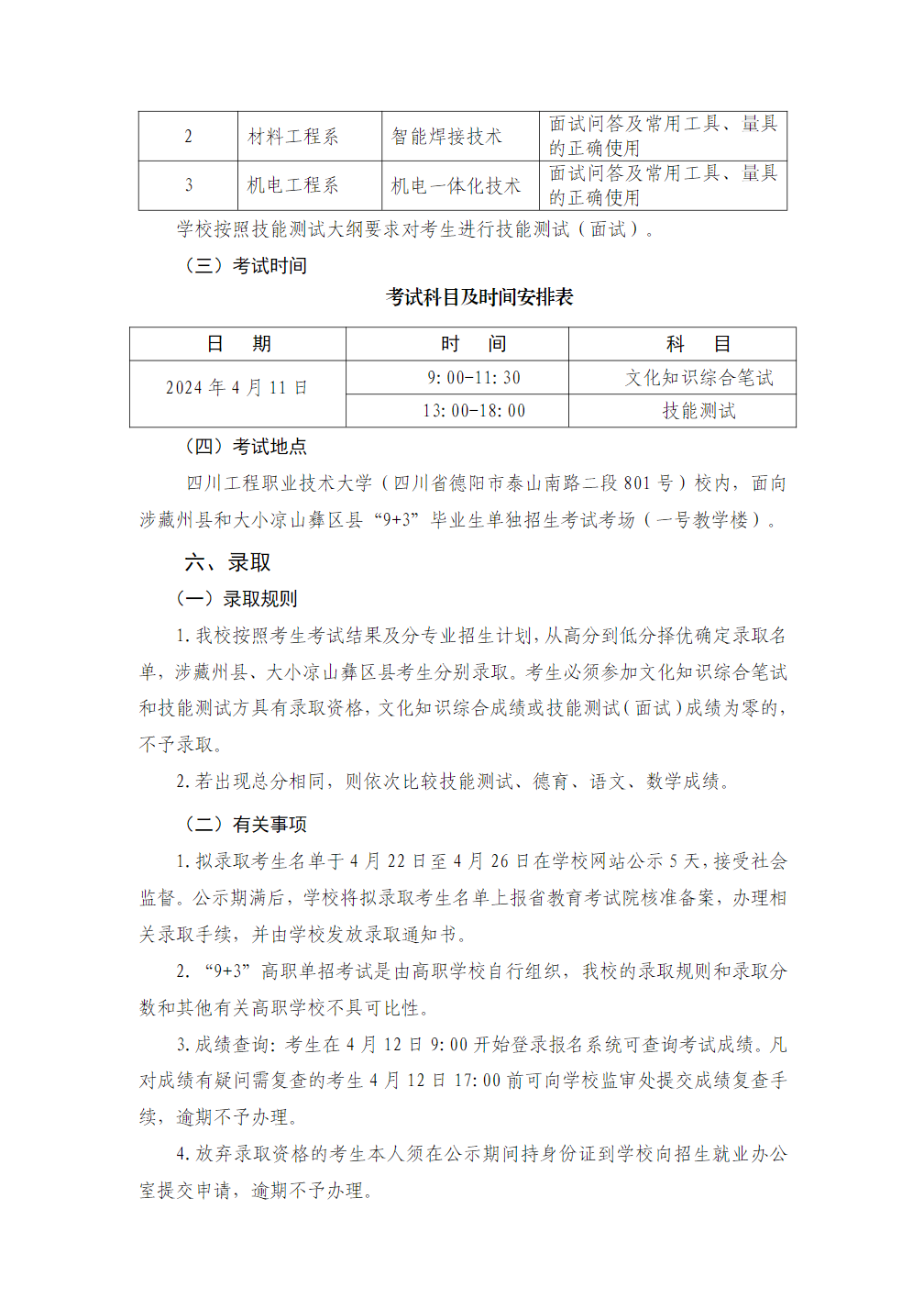 四川工程职业技术大学－2024 年“9+3”高职单招招生章程